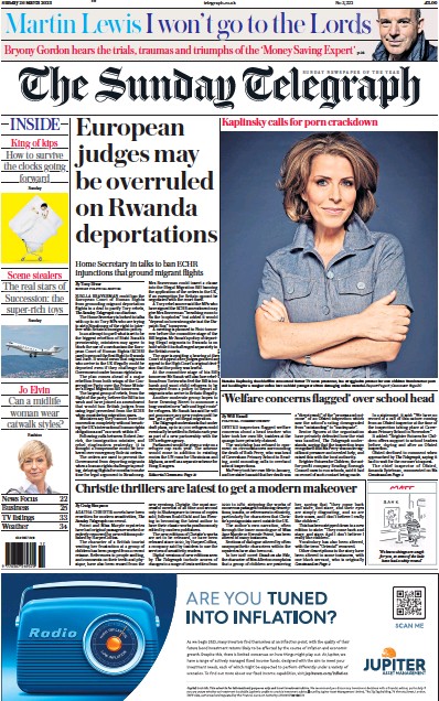 The Sunday Telegraph Newspaper Front Page (UK) for 26 March 2023
