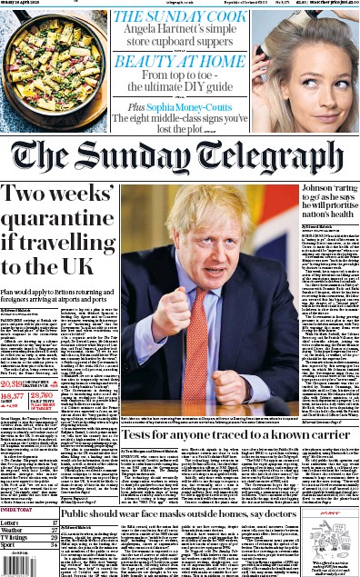 The Sunday Telegraph Newspaper Front Page (UK) for 26 April 2020