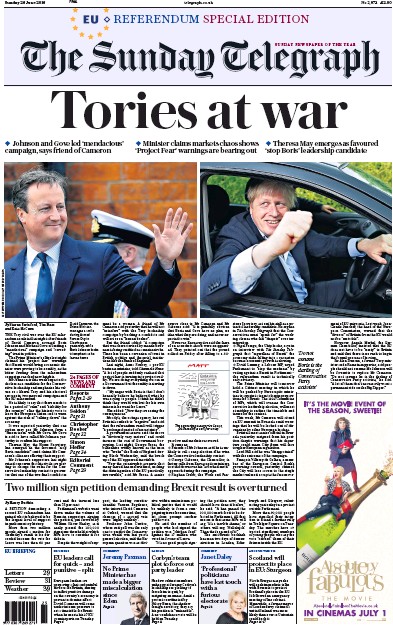 The Sunday Telegraph Newspaper Front Page (UK) for 26 June 2016