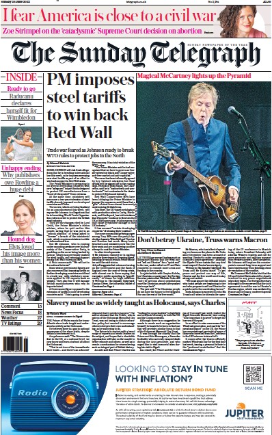 The Sunday Telegraph Newspaper Front Page (UK) for 26 June 2022