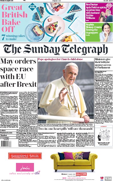The Sunday Telegraph Newspaper Front Page (UK) for 26 August 2018
