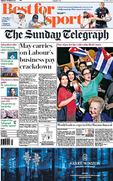 The Sunday Telegraph Newspaper Front Page (UK) for 27 November 2016