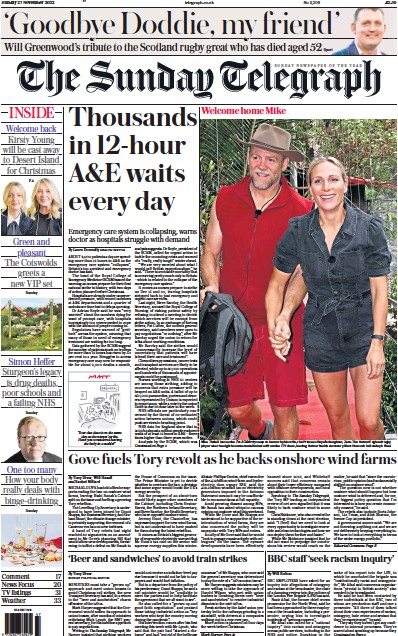 The Sunday Telegraph Newspaper Front Page (UK) for 27 November 2022