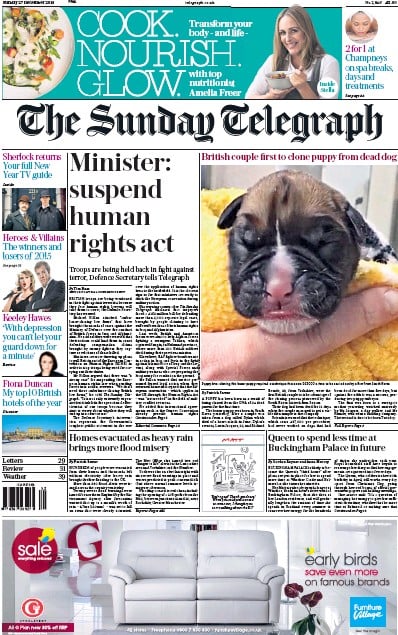 The Sunday Telegraph Newspaper Front Page (UK) for 27 December 2015