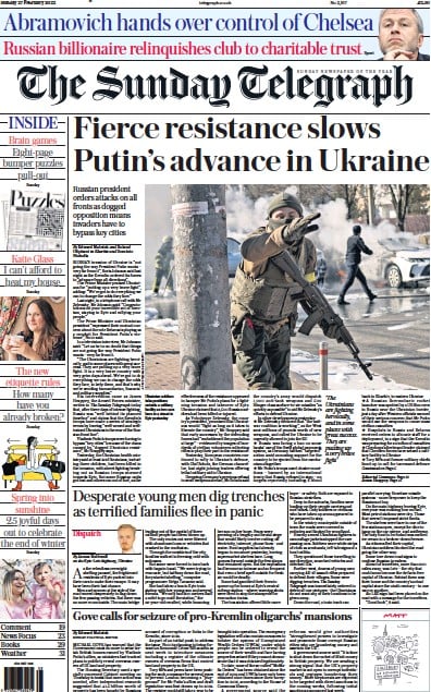 The Sunday Telegraph Newspaper Front Page (UK) for 27 February 2022