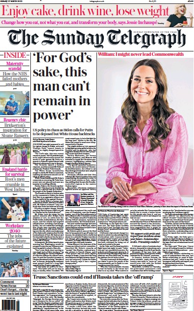The Sunday Telegraph Newspaper Front Page (UK) for 27 March 2022