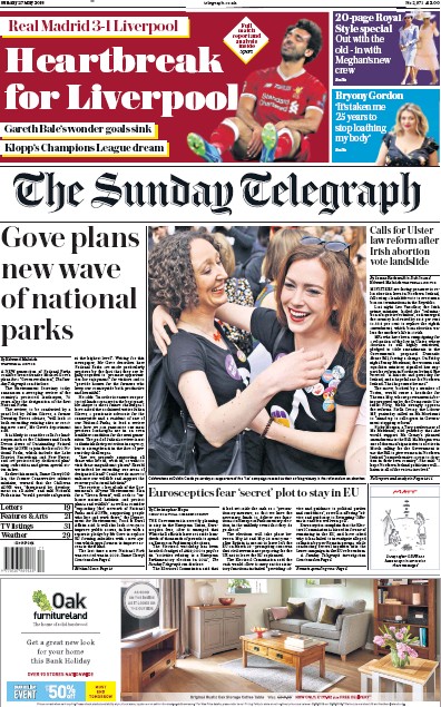 The Sunday Telegraph Newspaper Front Page (UK) for 27 May 2018