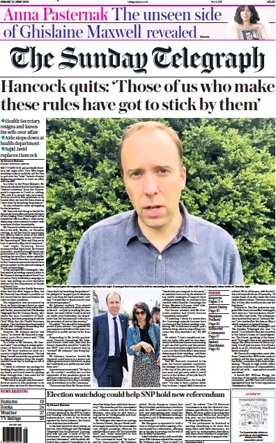 The Sunday Telegraph Newspaper Front Page (UK) for 27 June 2021