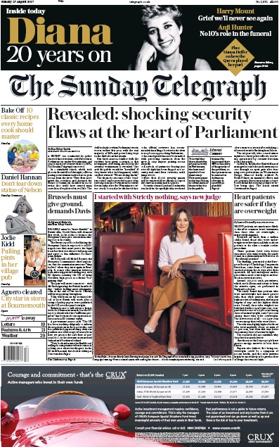 The Sunday Telegraph Newspaper Front Page (UK) for 27 August 2017