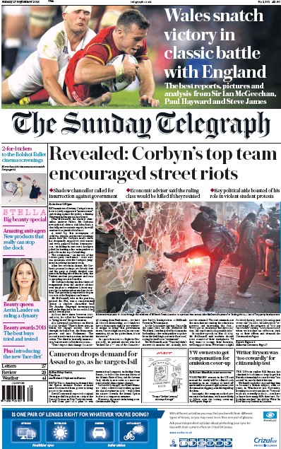 The Sunday Telegraph Newspaper Front Page (UK) for 27 September 2015