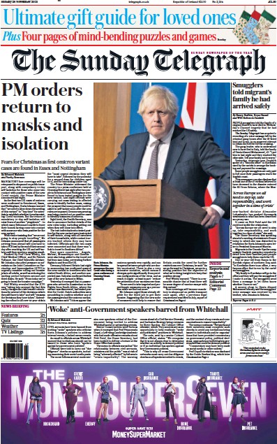 The Sunday Telegraph Newspaper Front Page (UK) for 28 November 2021