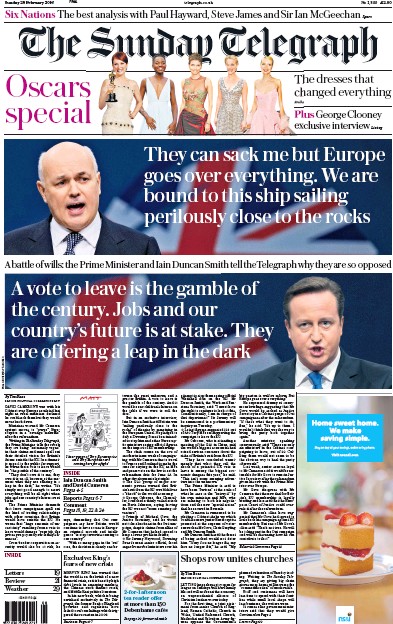 The Sunday Telegraph Newspaper Front Page (UK) for 28 February 2016