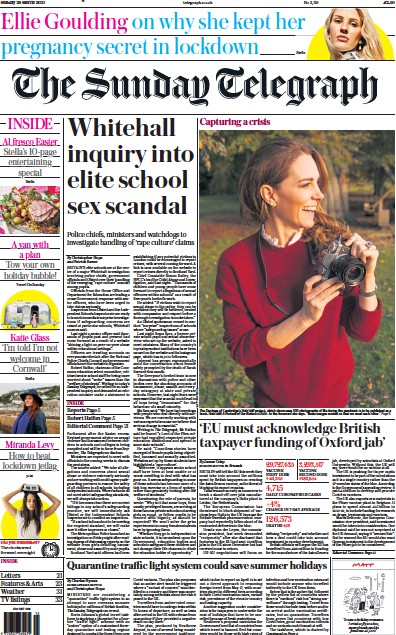 The Sunday Telegraph Newspaper Front Page (UK) for 28 March 2021
