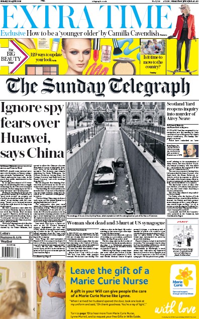 The Sunday Telegraph Newspaper Front Page (UK) for 28 April 2019