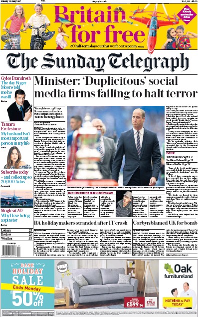 The Sunday Telegraph Newspaper Front Page (UK) for 28 May 2017