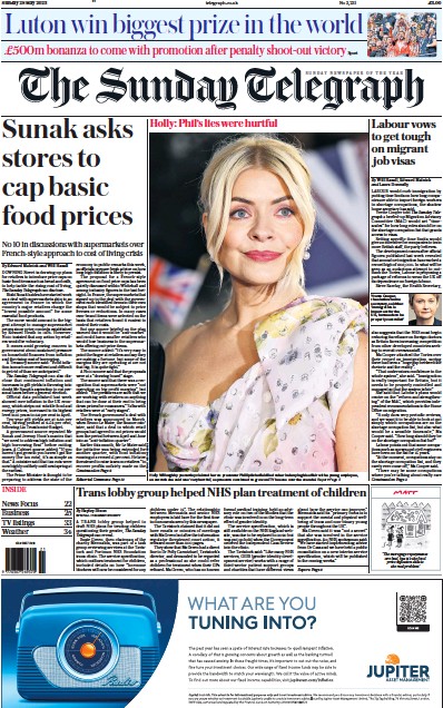 The Sunday Telegraph Newspaper Front Page (UK) for 28 May 2023