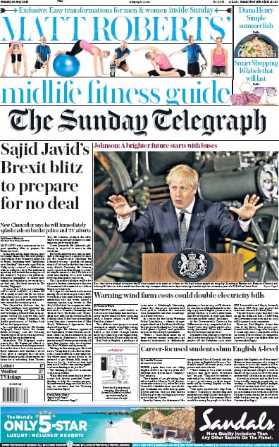 The Sunday Telegraph Newspaper Front Page (UK) for 28 July 2019