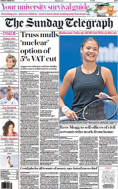 The Sunday Telegraph Newspaper Front Page (UK) for 28 August 2022