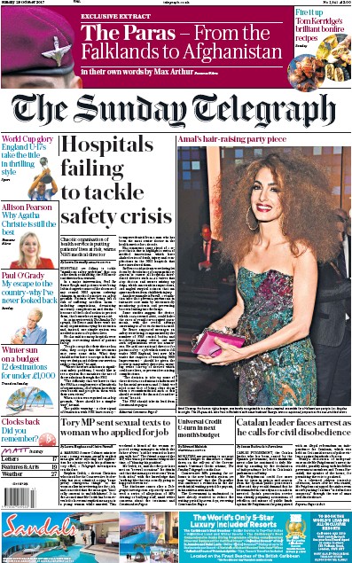 The Sunday Telegraph Newspaper Front Page (UK) for 29 October 2017