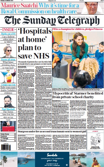 The Sunday Telegraph Newspaper Front Page (UK) for 29 January 2023