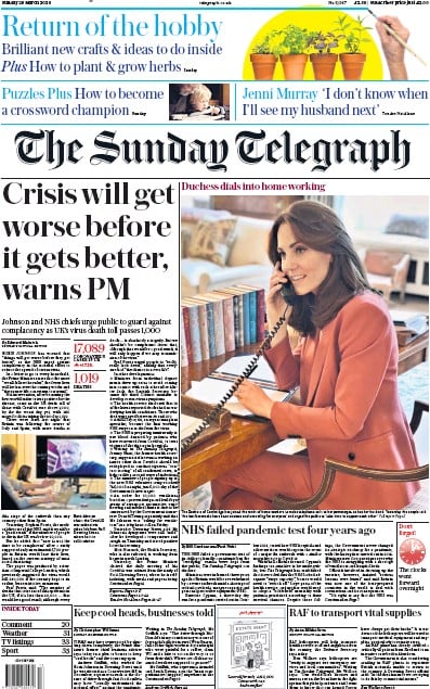The Sunday Telegraph Newspaper Front Page (UK) for 29 March 2020