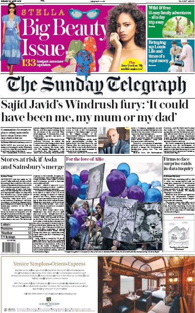 The Sunday Telegraph Newspaper Front Page (UK) for 29 April 2018