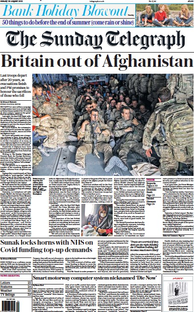 The Sunday Telegraph Newspaper Front Page (UK) for 29 August 2021