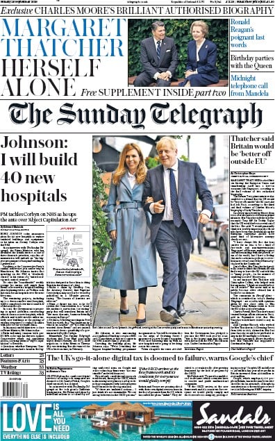 The Sunday Telegraph Newspaper Front Page (UK) for 29 September 2019