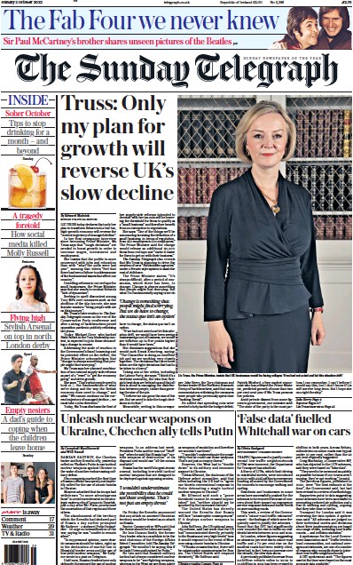 The Sunday Telegraph Newspaper Front Page (UK) for 2 October 2022