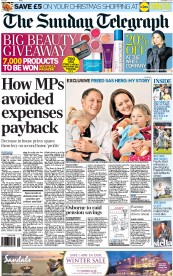 The Sunday Telegraph Newspaper Front Page (UK) for 2 December 2012