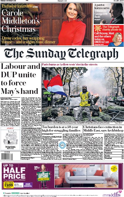The Sunday Telegraph Newspaper Front Page (UK) for 2 December 2018