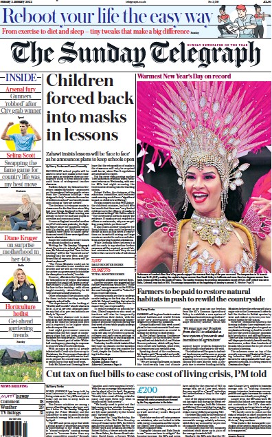 The Sunday Telegraph Newspaper Front Page (UK) for 2 January 2022