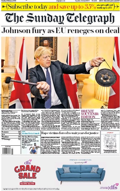 The Sunday Telegraph Newspaper Front Page (UK) for 2 February 2020