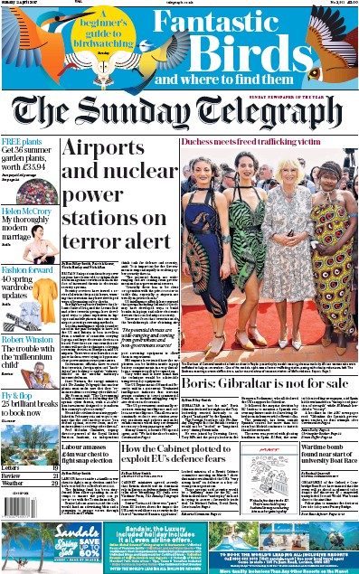The Sunday Telegraph Newspaper Front Page (UK) for 2 April 2017