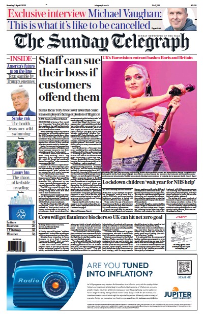The Sunday Telegraph Newspaper Front Page (UK) for 2 April 2023