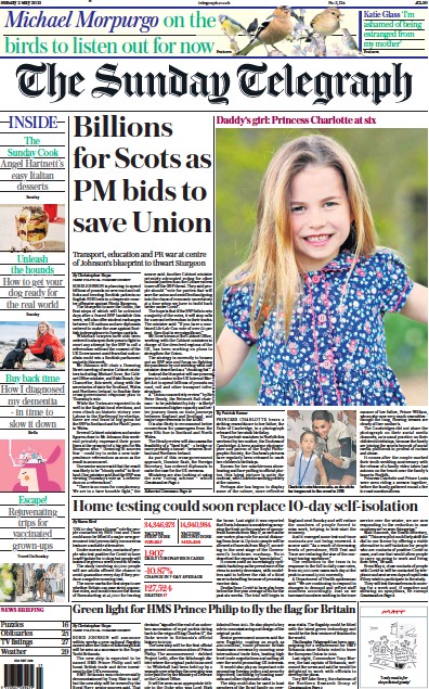 The Sunday Telegraph Newspaper Front Page (UK) for 2 May 2021