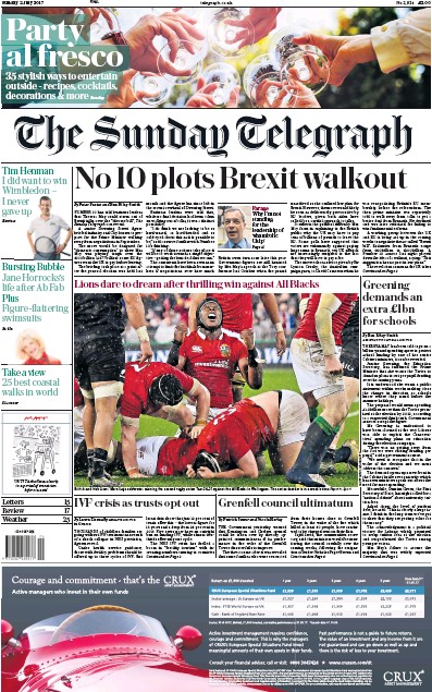 The Sunday Telegraph Newspaper Front Page (UK) for 2 July 2017