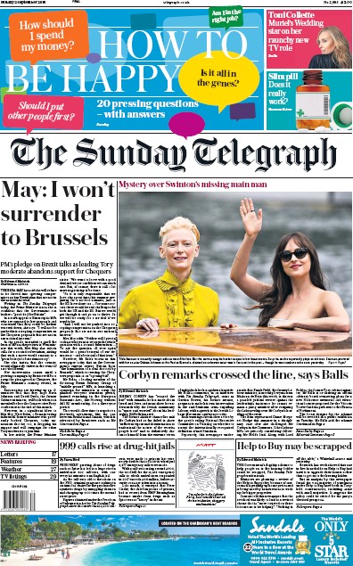 The Sunday Telegraph Newspaper Front Page (UK) for 2 September 2018
