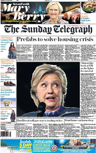 The Sunday Telegraph Newspaper Front Page (UK) for 30 October 2016
