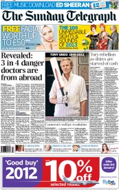 The Sunday Telegraph Newspaper Front Page (UK) for 30 December 2012