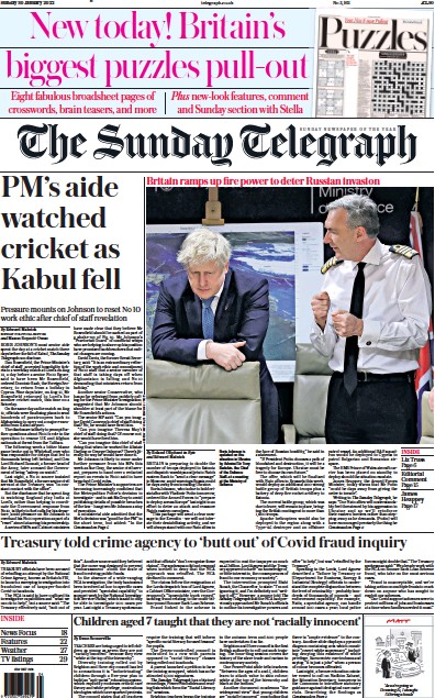 The Sunday Telegraph Newspaper Front Page (UK) for 30 January 2022