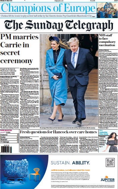 The Sunday Telegraph Newspaper Front Page (UK) for 30 May 2021
