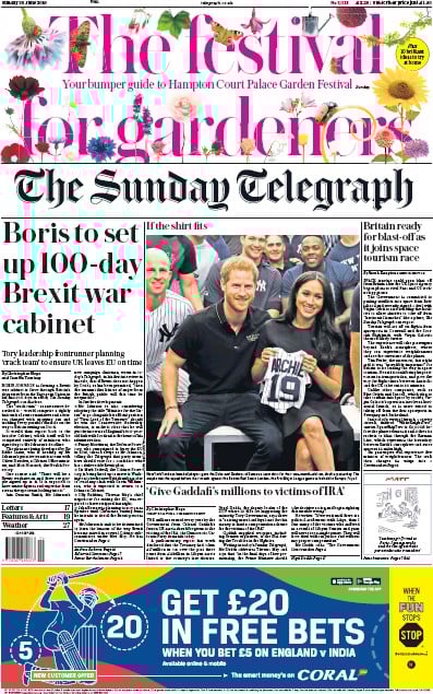 The Sunday Telegraph Newspaper Front Page (UK) for 30 June 2019