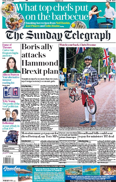 The Sunday Telegraph Newspaper Front Page (UK) for 30 July 2017