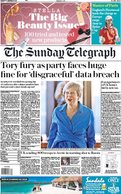 The Sunday Telegraph Newspaper Front Page (UK) for 30 September 2018