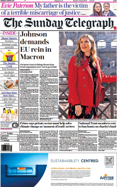 The Sunday Telegraph Newspaper Front Page (UK) for 31 October 2021