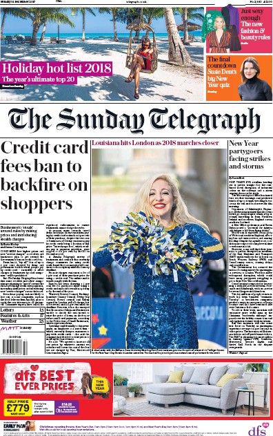 The Sunday Telegraph Newspaper Front Page (UK) for 31 December 2017