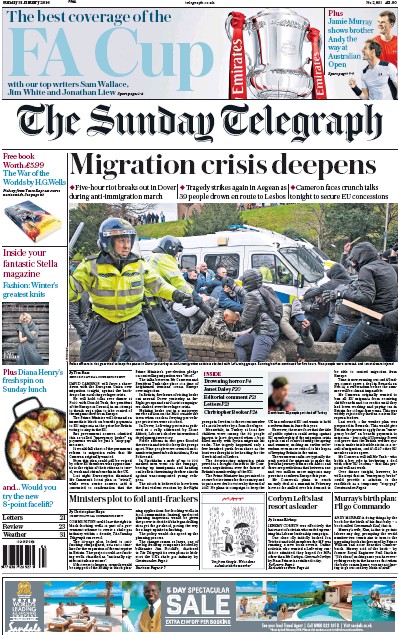 The Sunday Telegraph Newspaper Front Page (UK) for 31 January 2016