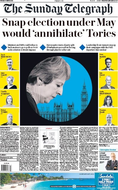 The Sunday Telegraph Newspaper Front Page (UK) for 31 March 2019