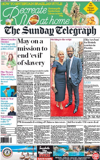 The Sunday Telegraph Newspaper Front Page (UK) for 31 July 2016